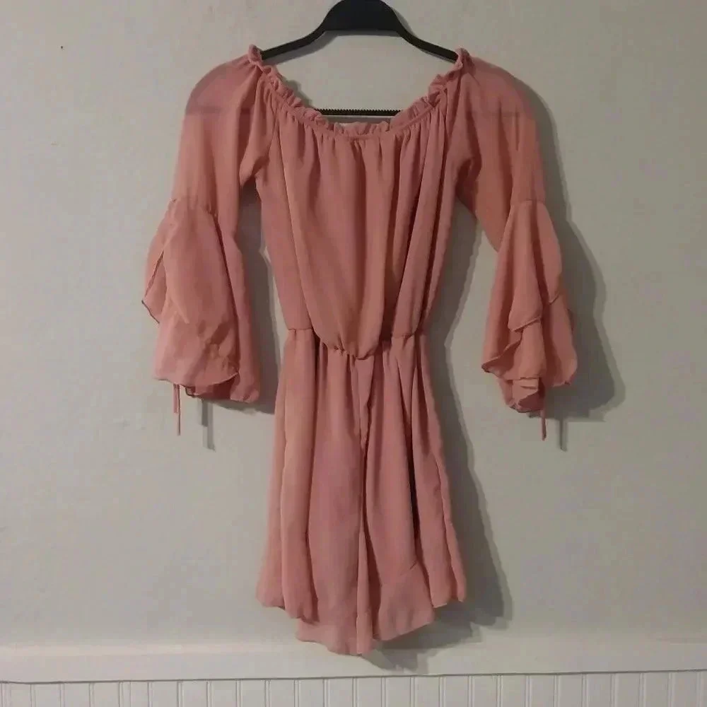 Papaya Pink‎ Off The Shoulder Romper Tiered Bell Sleeve Ruffle Hem Summer Boho